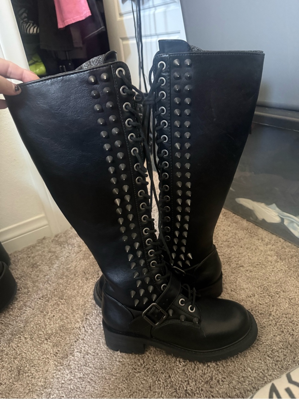 Darker Wavs Women’s Black Spiked Knee High Studded Lace-Up Knee Vegan Boots